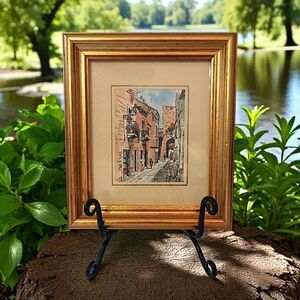 MINI Framed Picture Watercolor European Street Scene Vintage Landscape Old World